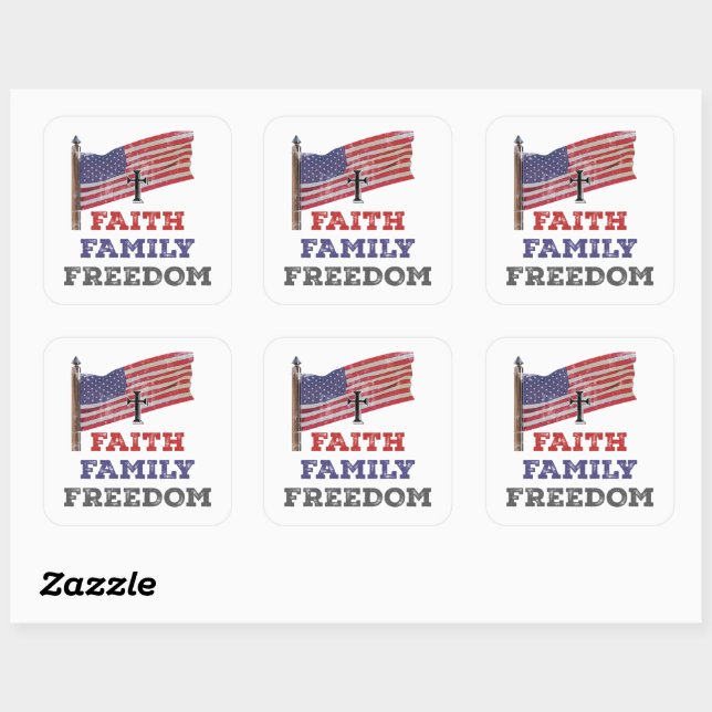 Adesivo Quadrado Faith Family Freedom Cross with Flag (Folha)