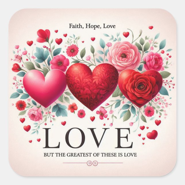 Adesivo Quadrado Faith Hope Love mas o maior deles é Love (Frente)