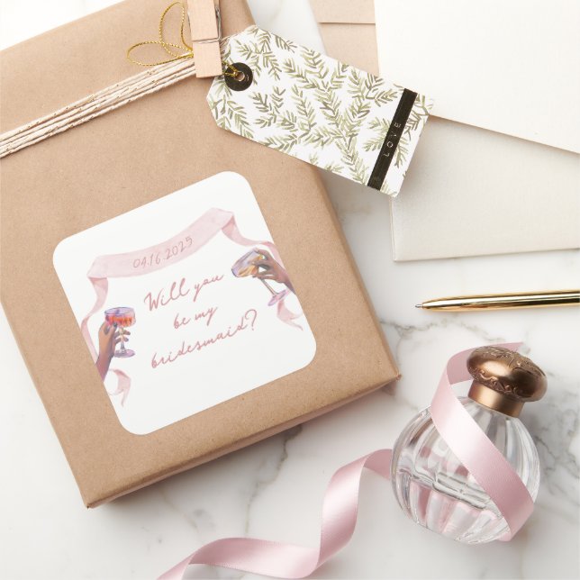 Adesivo Quadrado Faixa Rosa de Proposta Personalizada de Bridesmaid (Presentear)
