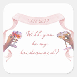 Adesivo Quadrado Faixa Rosa de Proposta Personalizada de Bridesmaid
