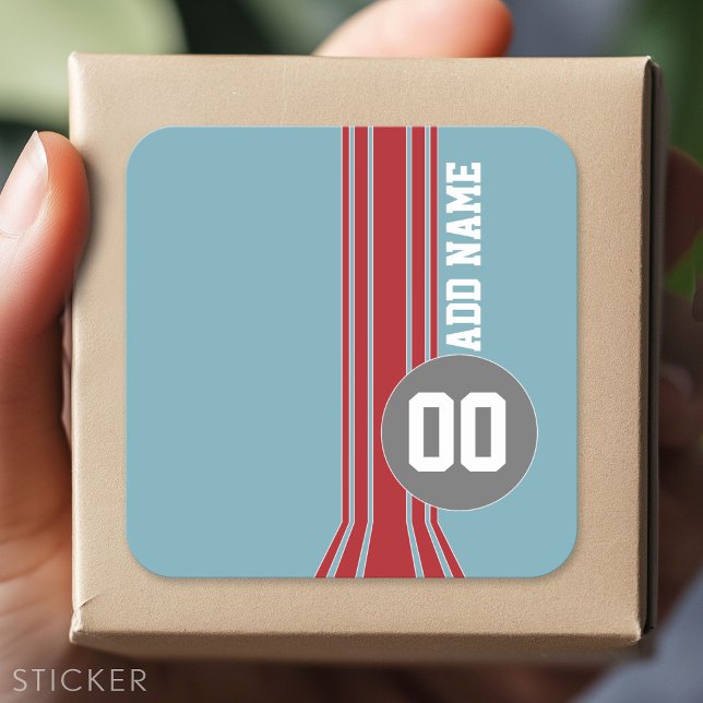 Adesivo Quadrado Faixas de Corrida com Nome e Número Personalizados (Custom Sticker - Personalize with your info for a party favor or gift)