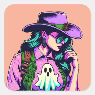 Adesivo Quadrado Fala Ocidental da Garota do Dia das Bruxas Ghost P
