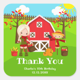 Adesivo Quadrado Fall Barnyard Birthday Blona Hair Girl Obrigado