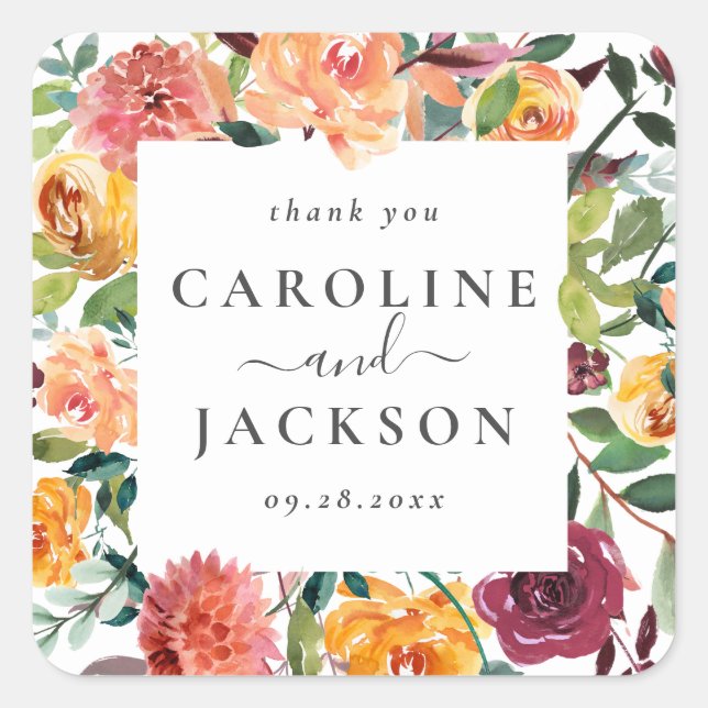 Adesivo Quadrado Fall Floral Personalizado Obrigado Favor (Frente)