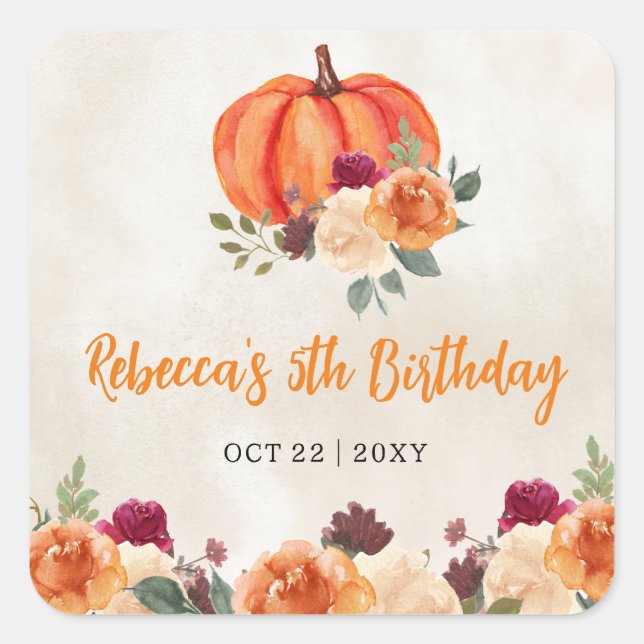 Adesivo Quadrado Fall Orange Pumpkin Patch Birthday (Frente)