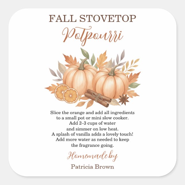 Adesivo Quadrado Fall Stovetop Potpourri Recipe Pumpkin (Frente)
