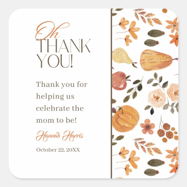 Adesivo Quadrado Fall Theme Baby Shower Thank You Sticker (Frente)