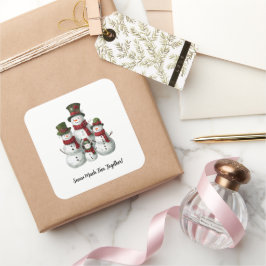 Adesivo Quadrado Família Adorável de Homem de Neve em Chapéus e Esc