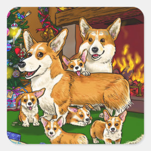 Adesivo Quadrado Família Cute Corgi