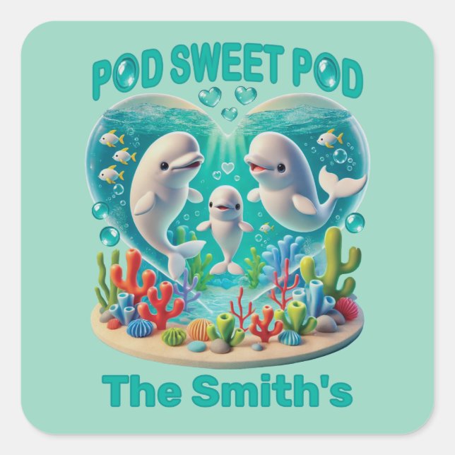 Adesivo Quadrado Família de baleias "Pod Sweet" Personalizável (Frente)
