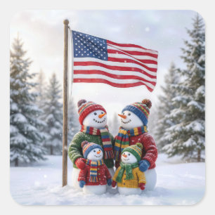 Adesivo Quadrado Família de Boneco de Neve de Inverno Sob uma Bande