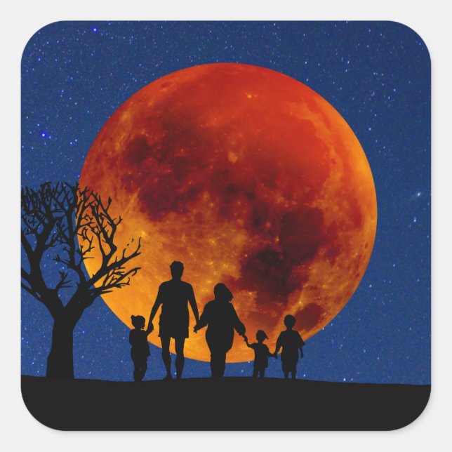 Adesivo Quadrado Família de Eclipse Lunar de Lua Sanguínea (Frente)