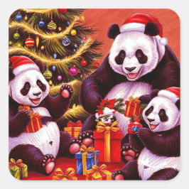 Adesivo Quadrado Família De Pandas Abrindo Presentes De Natal