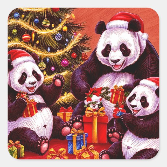 Adesivo Quadrado Família De Pandas Abrindo Presentes De Natal (Frente)