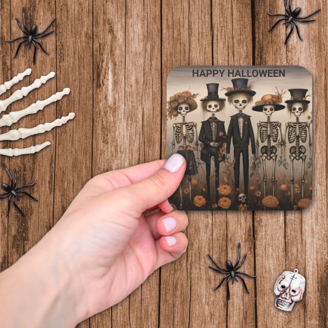Adesivo Quadrado Família Esqueleto Feliz Dia das Bruxas (Criador carregado)