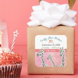 Adesivo Quadrado Família Girafa Bebê Nascença Gravação de Nasciment