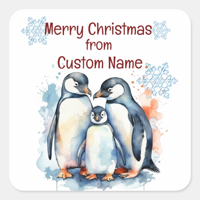 Adesivo Quadrado Família Pinguim Cute de Natal Personaliza (Frente)