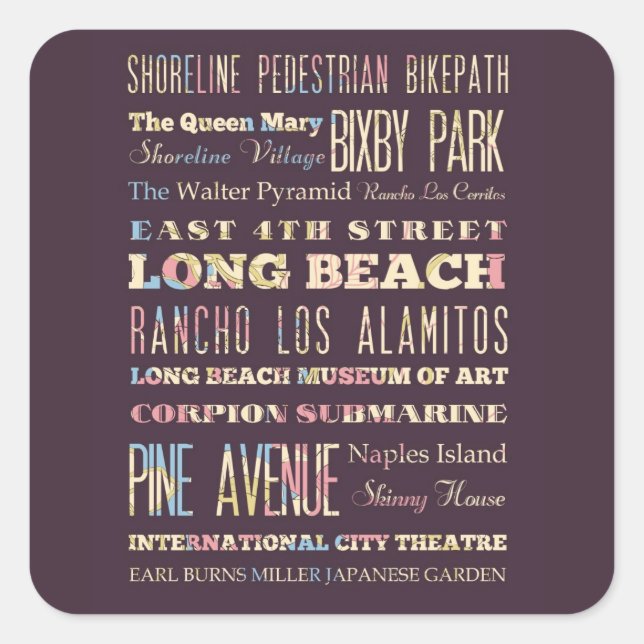 Adesivo Quadrado Famosos Lugares de Long Beach, Califórnia. (Frente)