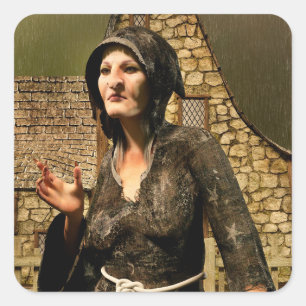 Adesivo Quadrado Fantasia de Bruxa Vila Medieval Halloween