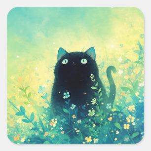 Adesivo Quadrado Fantasia Floral do Gatinho Preto