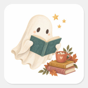 Adesivo Quadrado Fantasma Aconchegante de Leitura com Livro Azul e