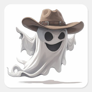 Adesivo Quadrado Fantasma Amigável Usando Chapéu de Cowboy 👻