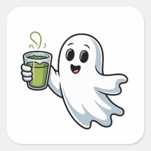 Adesivo Quadrado Fantasma Assustador de Halloween Segurando Matcha