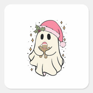 Adesivo Quadrado Fantasma Assustador Segurando um Natal de Biscoito