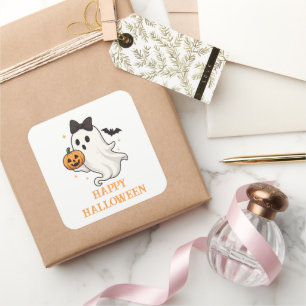 Adesivo Quadrado Fantasma Bonito com Arco e Pumpkin Dia das Bruxa