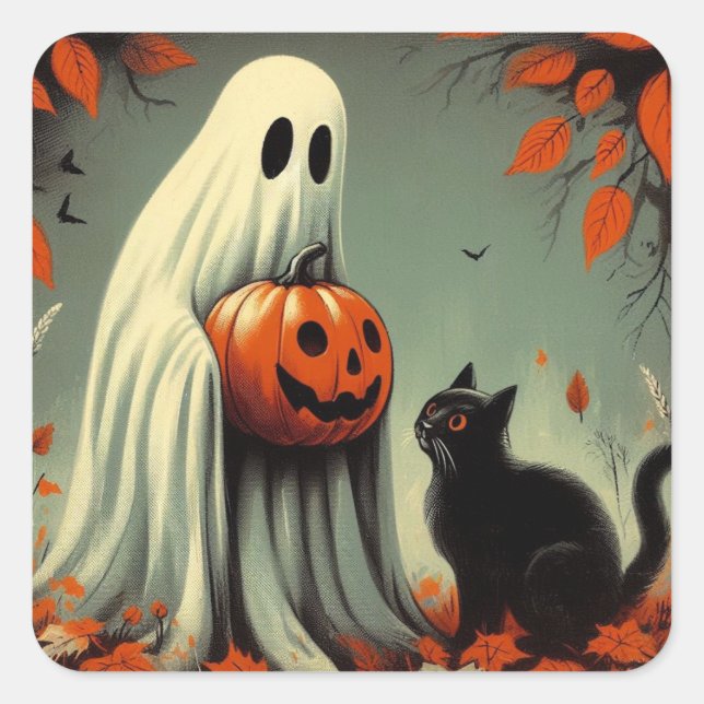 Adesivo Quadrado Fantasma com Retron Halloween Preto de Gato (Frente)