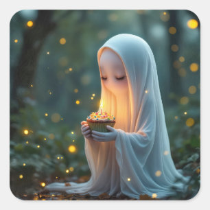 Adesivo Quadrado Fantasma Com um Bolo de Aniversário