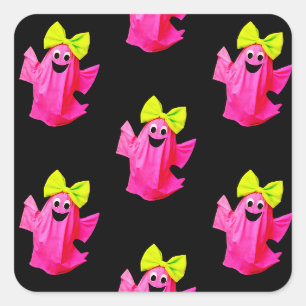 Adesivo Quadrado Fantasma Cor-de-Rosa Fofo com Laço Verde