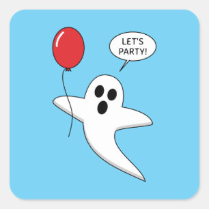 Adesivo Quadrado Fantasma de Cartoon Bonito com Balão Vermelho