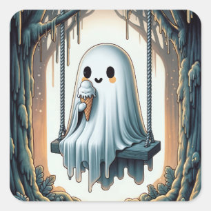 Adesivo Quadrado Fantasma De Cartoon Halloween Com Cone De Sorvete