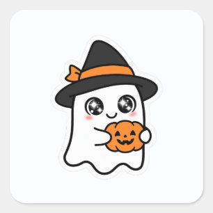 Adesivo Quadrado Fantasma de Halloween Adorável Bruxa Abóbora
