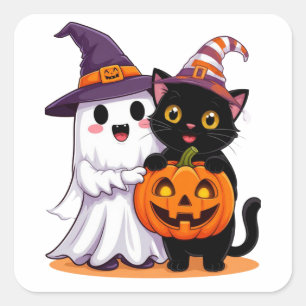 Adesivo Quadrado Fantasma de Halloween com Gato Abóbora 👻