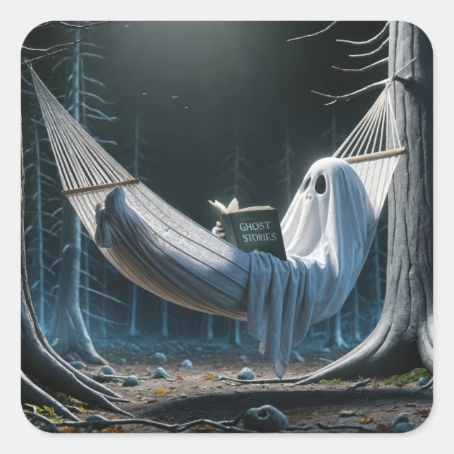 Adesivo Quadrado Fantasma de Halloween em um Hammock (Frente)
