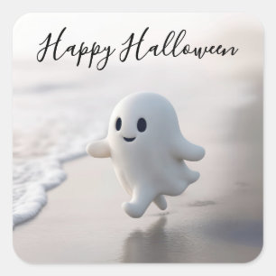 Adesivo Quadrado Fantasma de Halloween Fofo Correndo em uma Praia