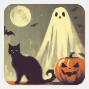 Adesivo Quadrado Fantasma do Halloween, Gato Negro e Jack-o-lantern