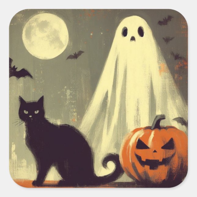 Adesivo Quadrado Fantasma do Halloween, Gato Negro e Jack-o-lantern (Frente)