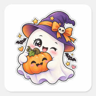 Adesivo Quadrado Fantasma e Abóbora Kawaii Halloween Fofo e Assusta