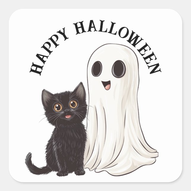 Adesivo Quadrado Fantasma e Gato Preto Cugado das Halloween (Frente)