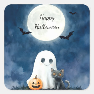 Adesivo Quadrado Fantasma Fofo e Gato Preto no Halloween