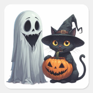 Adesivo Quadrado Fantasma Fofo Gato Preto E Abóbora Reunidos 👻
