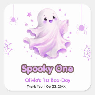 Adesivo Quadrado Fantasma Fofo Roxo SpookyOne Aniversário de 1 ano 
