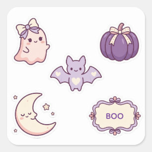Adesivo Quadrado Fantasma Morcego Abóbora Lua Rosa Roxo Halloween F