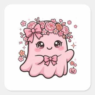 Adesivo Quadrado Fantasma Rosa Fofo Floral de Halloween