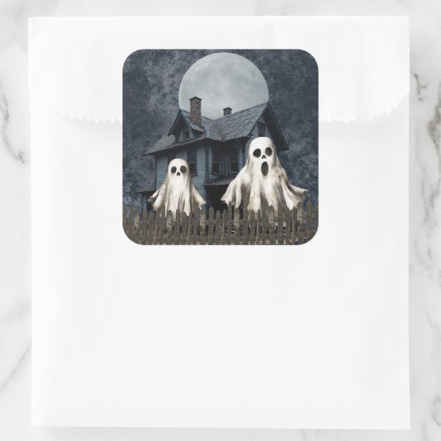 Adesivo Quadrado Fantasmas Brancos Assustadores num Fundo Assombrad (Bolsa)