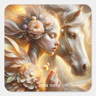 Adesivo Quadrado Fantasy, Bonita Rapariga E Cavalo
