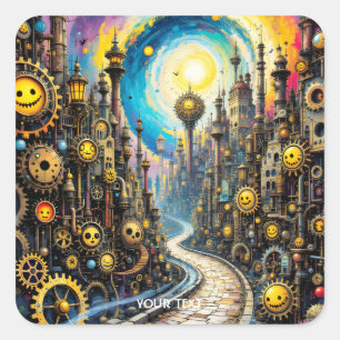 Adesivo Quadrado Fantasy Cute Abstrato Steampunk Cidade